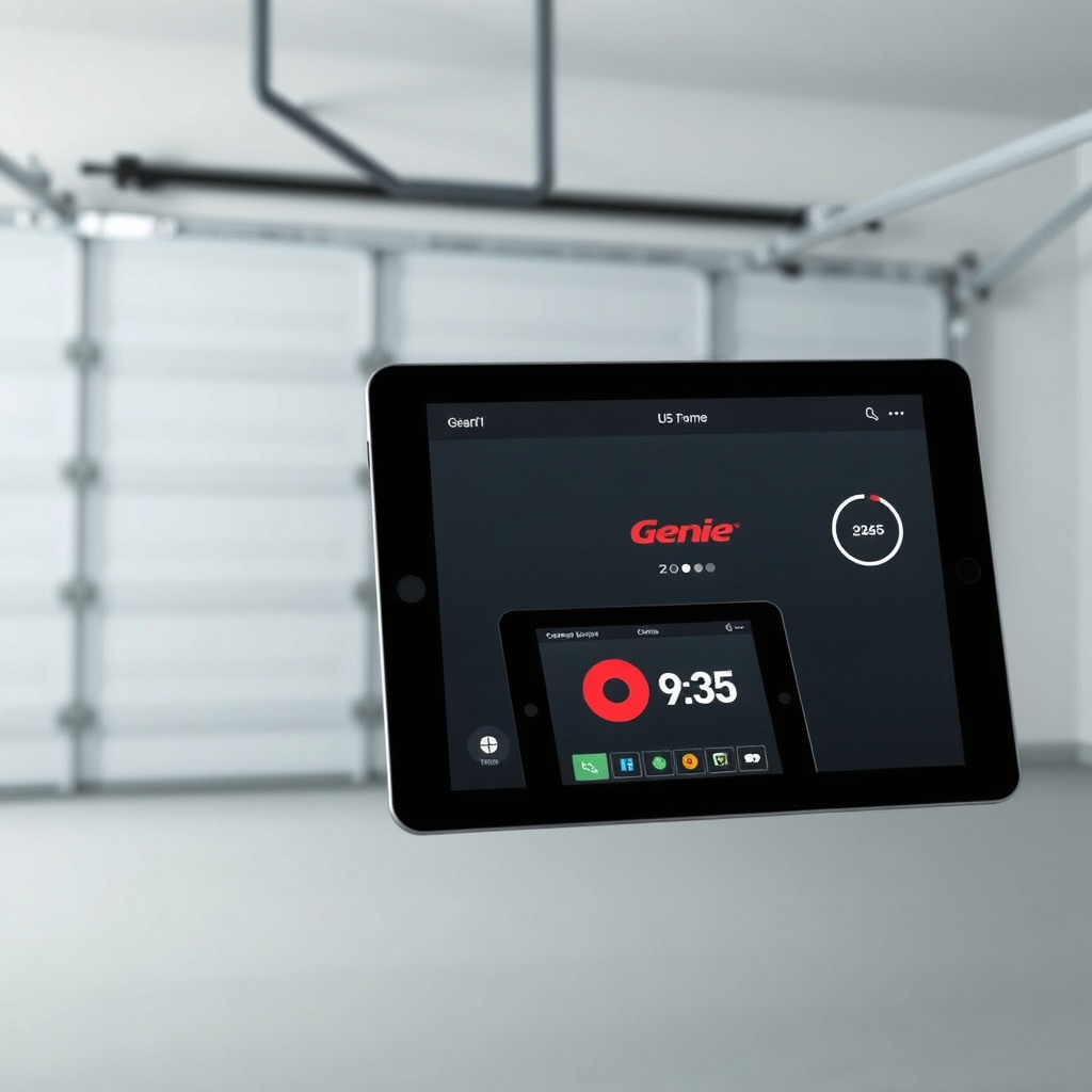 Photorealistic image of a smart home tablet controlling a Genie 2055 garage door
