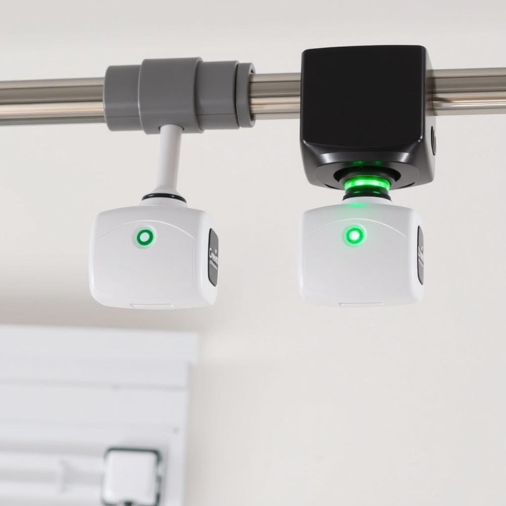 A close-up photorealistic photo of Chamberlain B550 safety sensors mounted on garage door