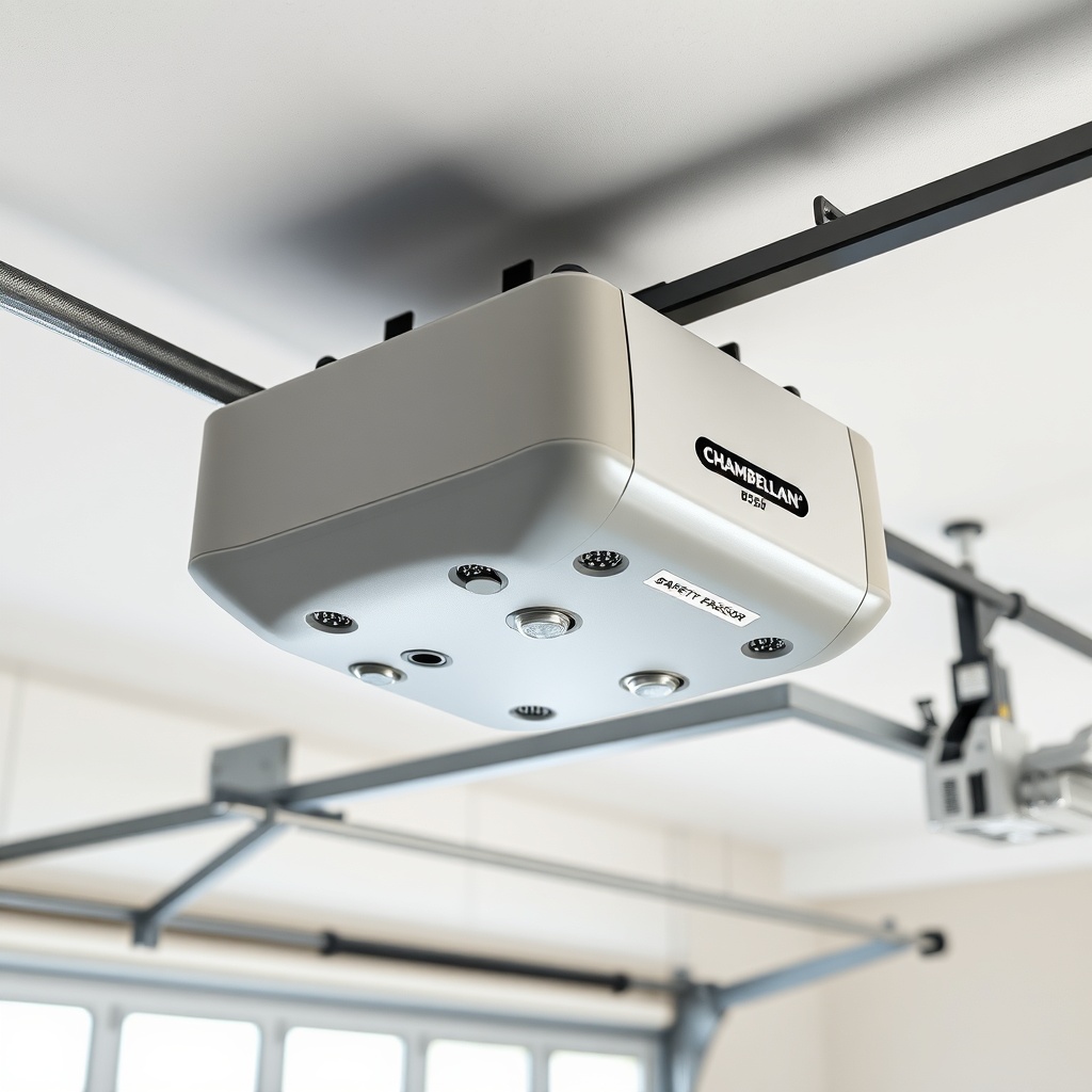 A photorealistic photo of a Chamberlain B550 garage door opener motor unit mounted on ceil