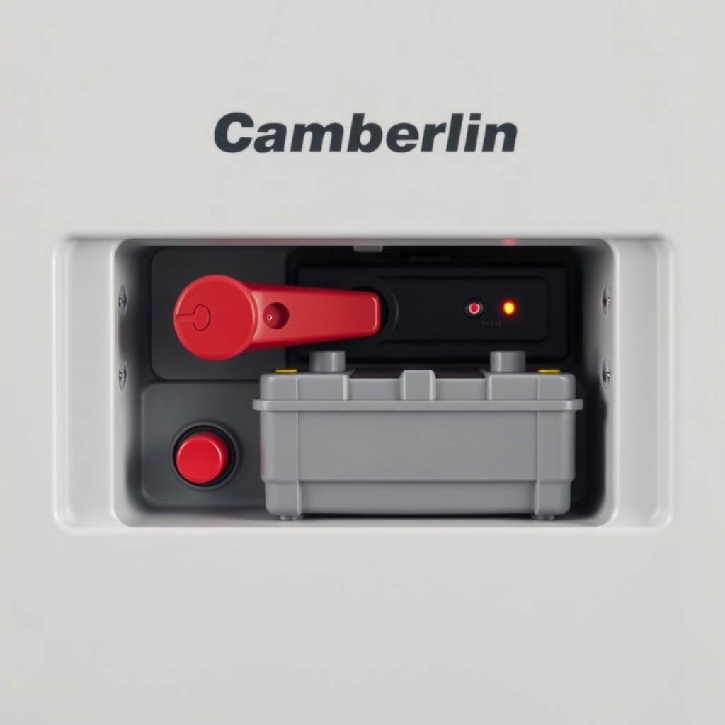 A clean photorealistic photo of a Chamberlain B550 motor unit with a red emergency release