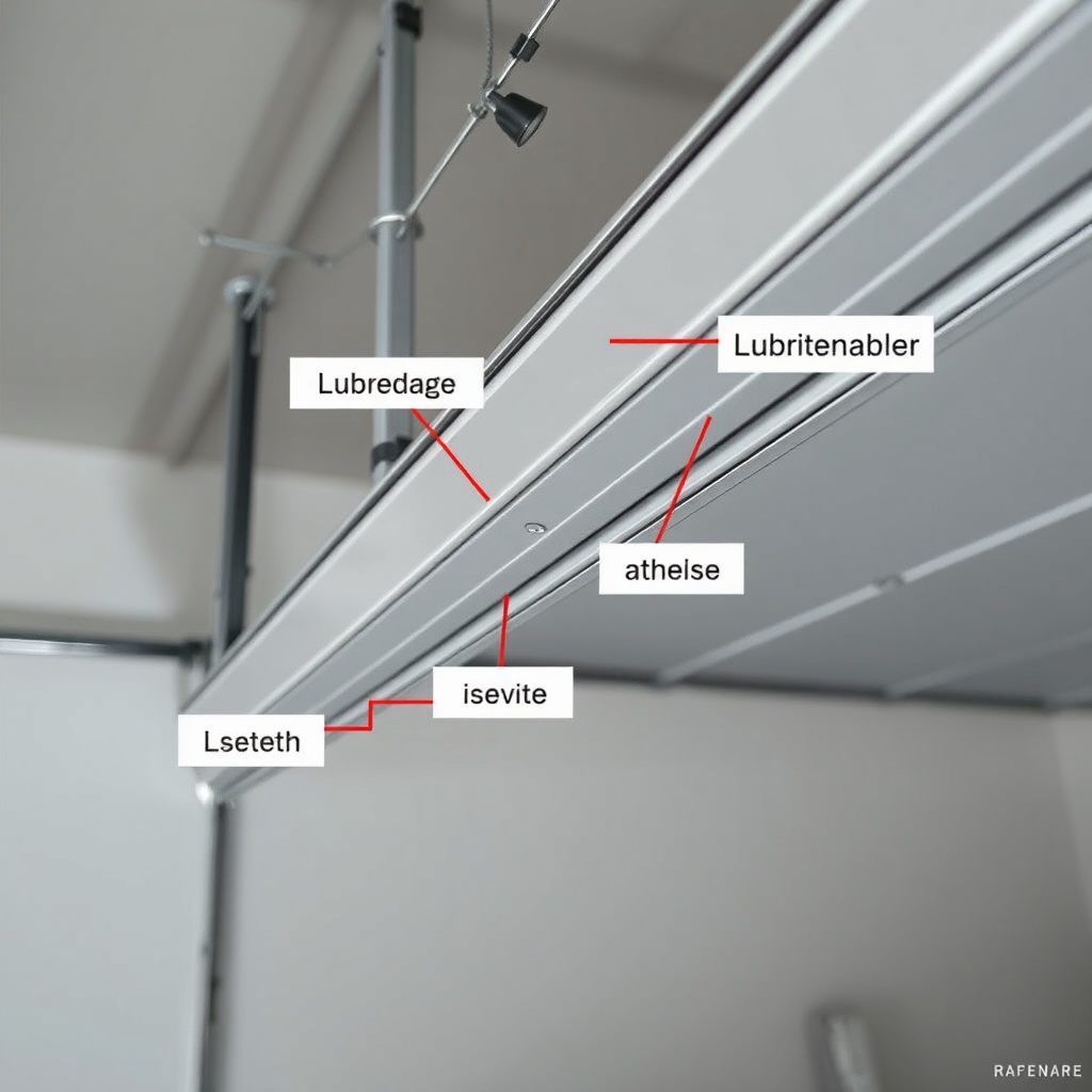 Photorealistic garage door rail system with lubrication points highlighted