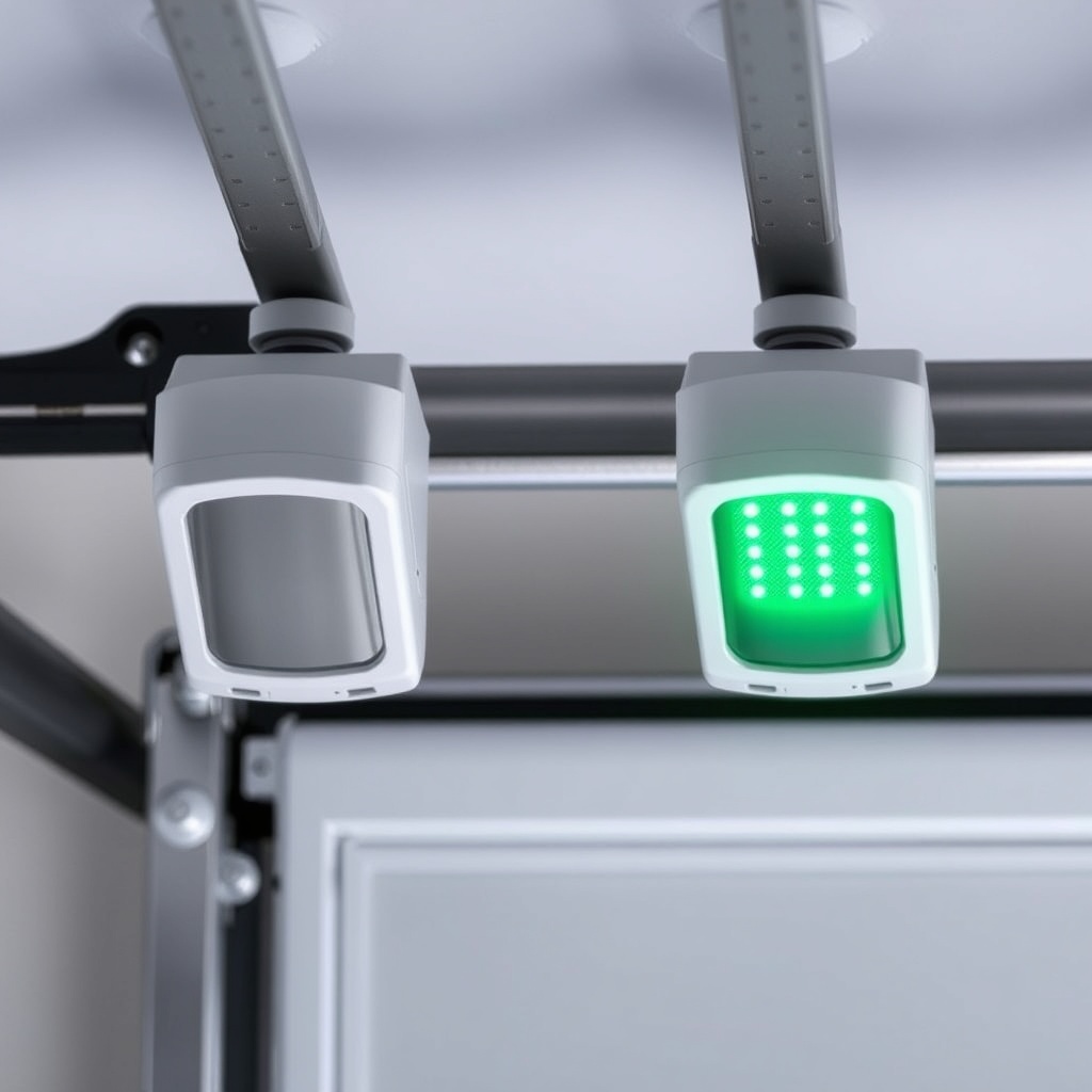 <clean photorealistic photo of Chamberlain B550 sensor alignment on garage door rails