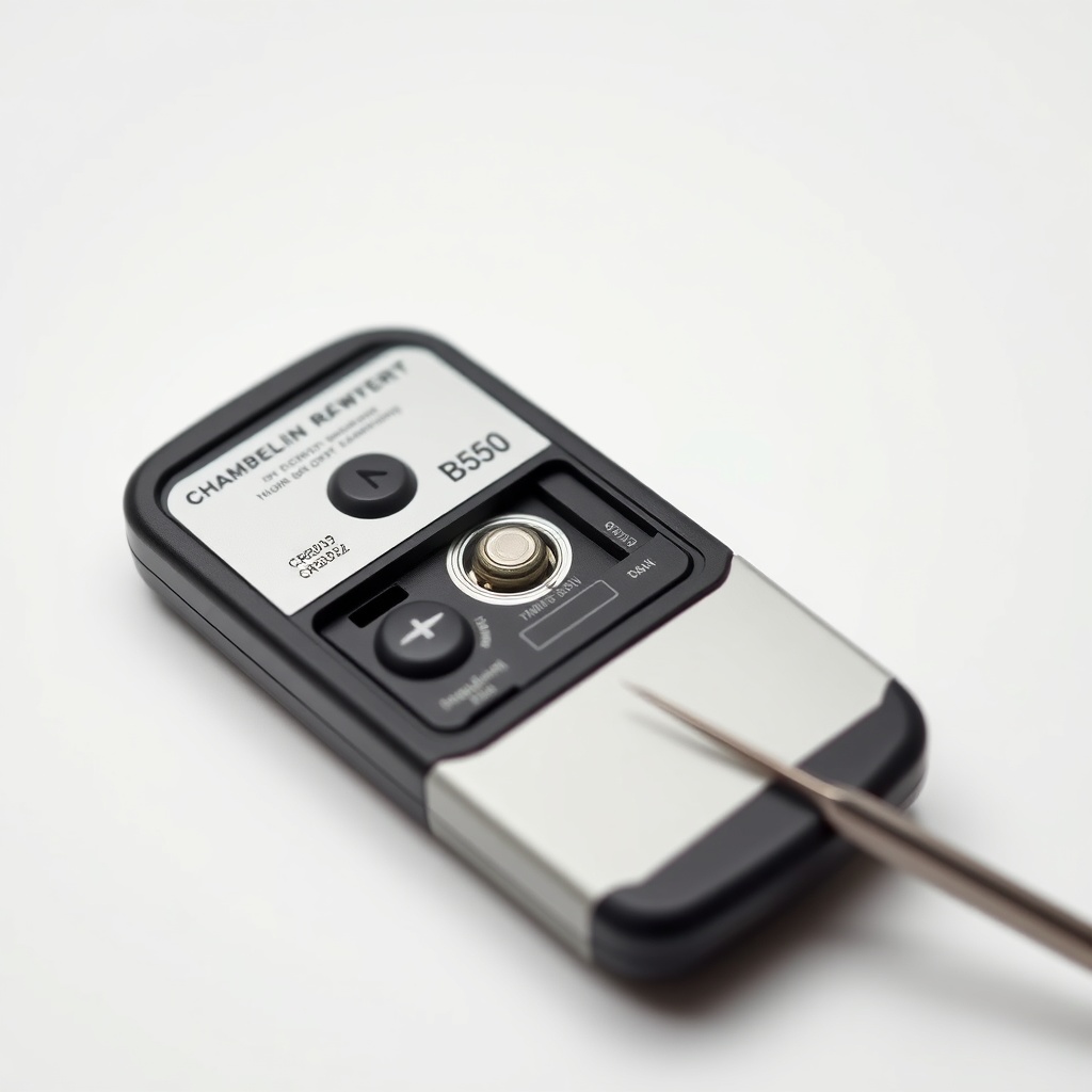 <Clean photorealistic close-up of a Chamberlain B550 remote control with its back cover re