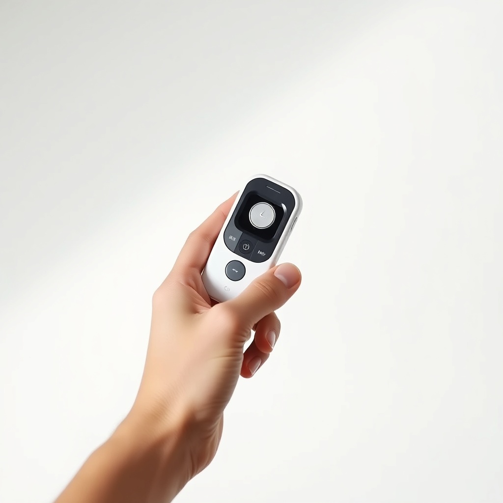 <Clean photorealistic photo of a person's hands holding a Chamberlain B550 remote control
