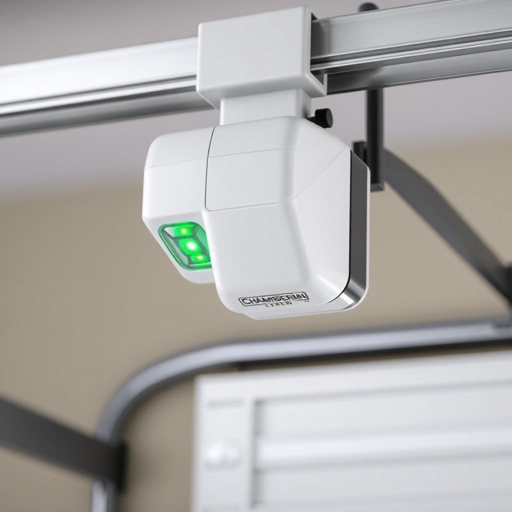 clean photorealistic photo of a Chamberlain B550 sensor pair mounted on garage door rails