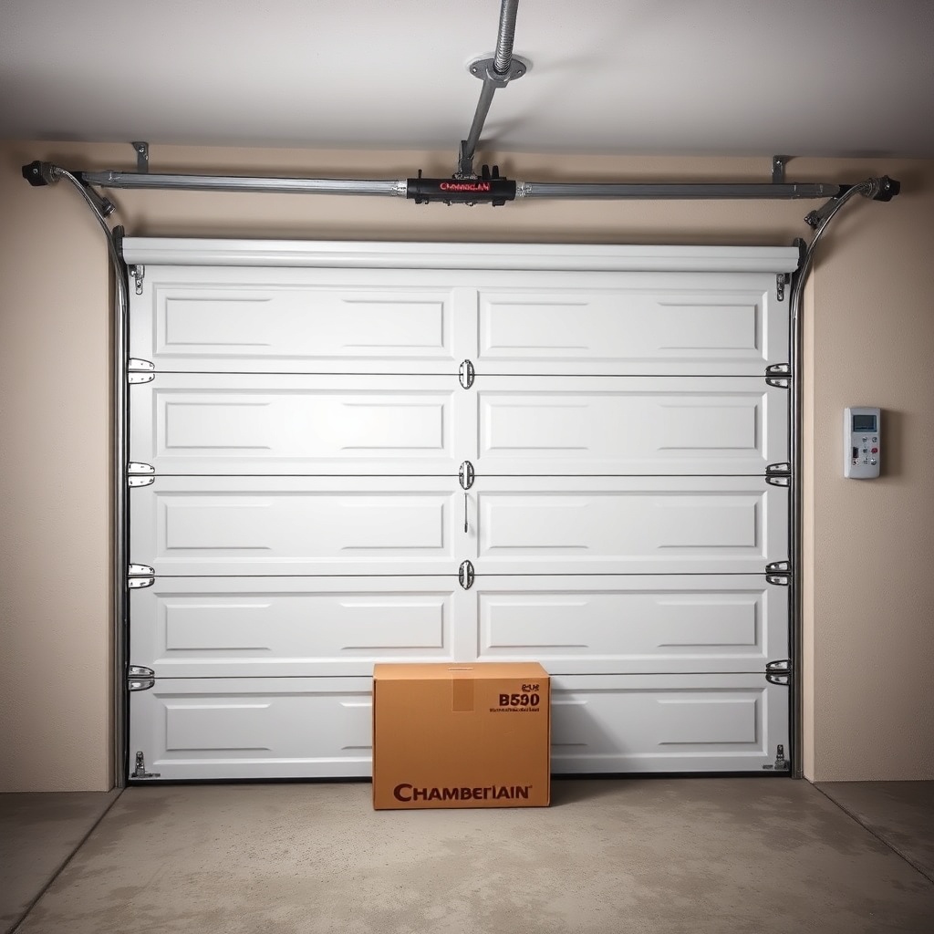 clean photorealistic photo of a Chamberlain B550 garage door closing with a cardboard box