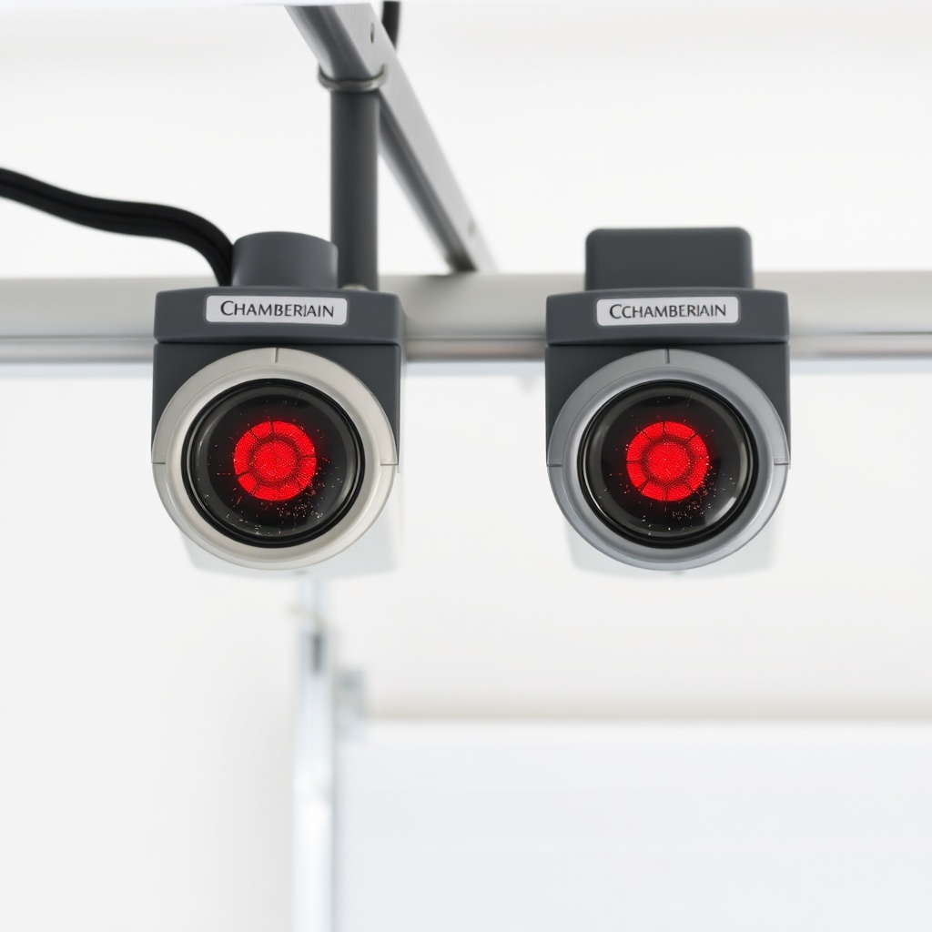 A close-up photo of Chamberlain B550 infrared safety sensors mounted on garage door tracks