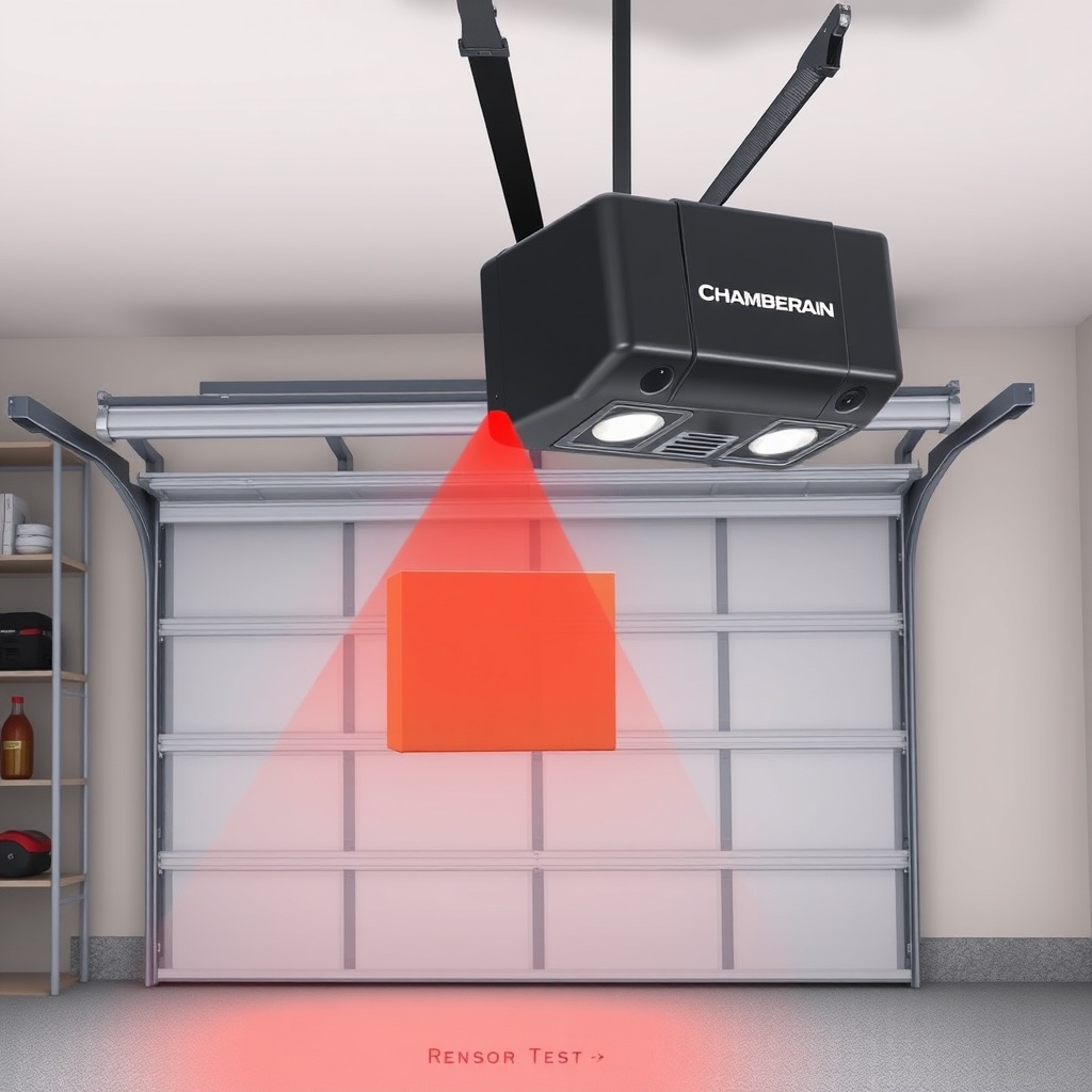 Photorealistic illustration of a Chamberlain B550 garage door opener during a sensor test