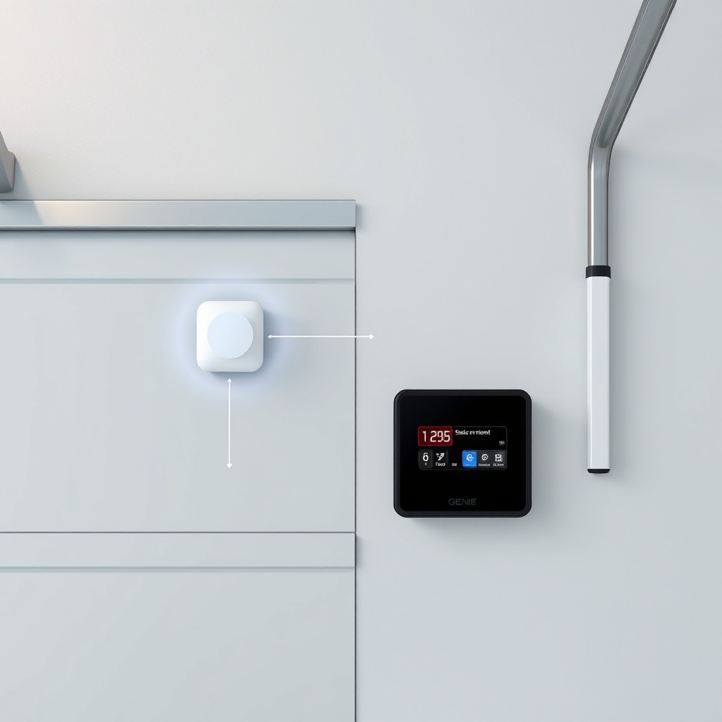 clean photorealistic photo of a modern garage door with Genie 2055 sensors integrated into