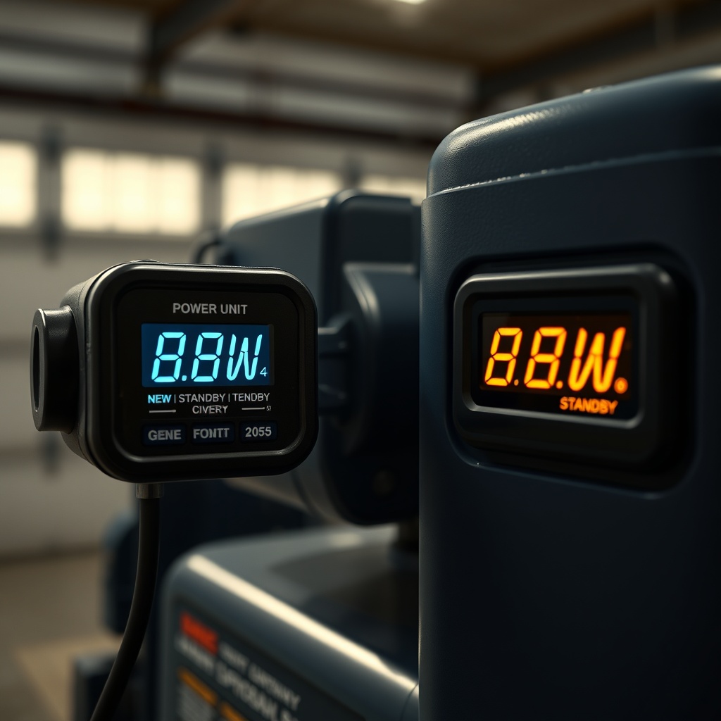 A close-up photorealistic photo of a Genie 2055 motor unit next to a digital power meter s