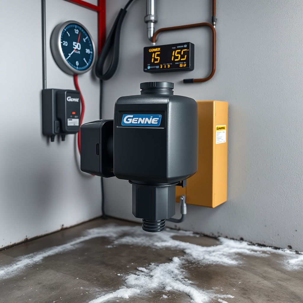 A photorealistic photo of a Genie 2055 motor installed in a garage with frost on the concr
