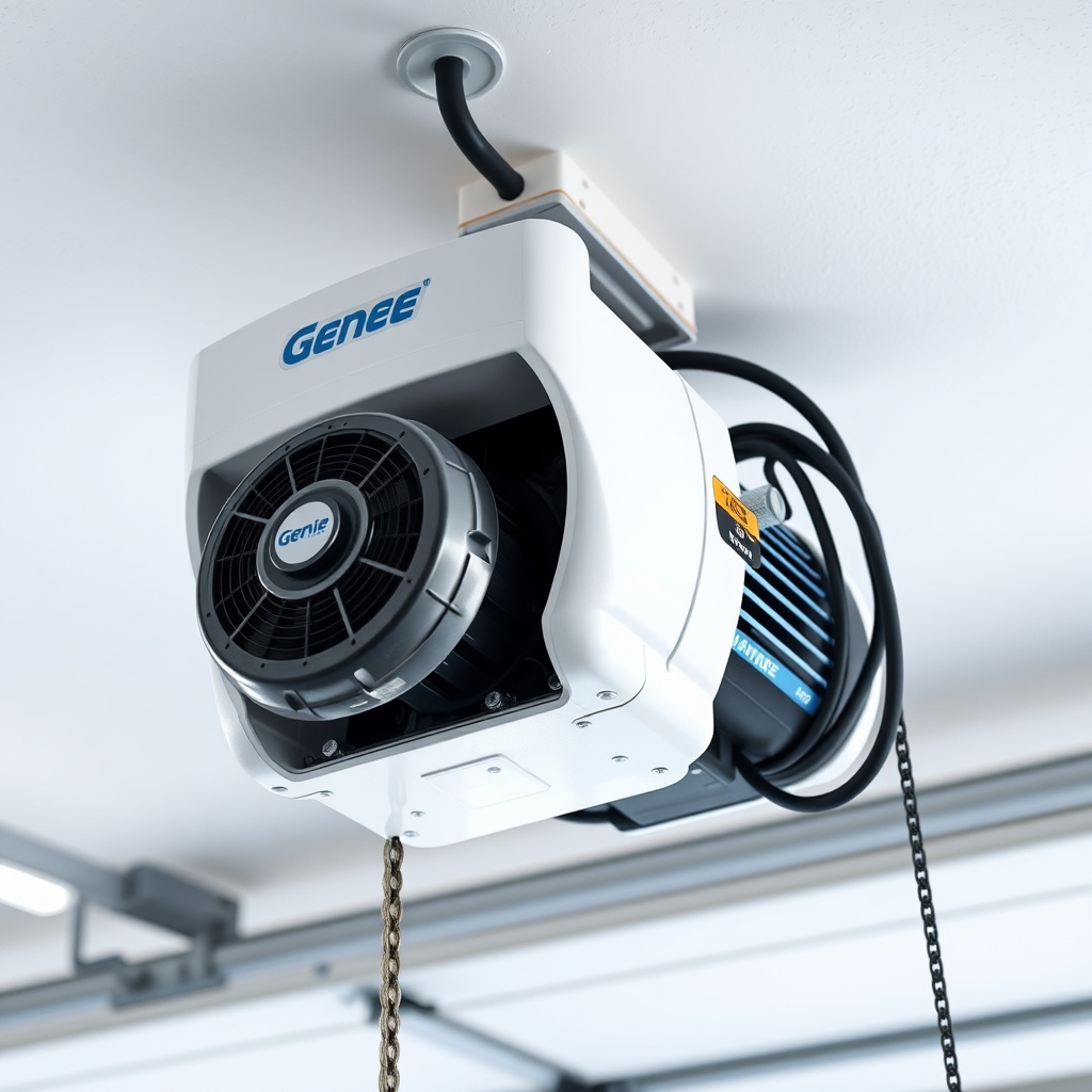 A photorealistic close-up of a Genie 2055 motor unit mounted on a garage ceiling