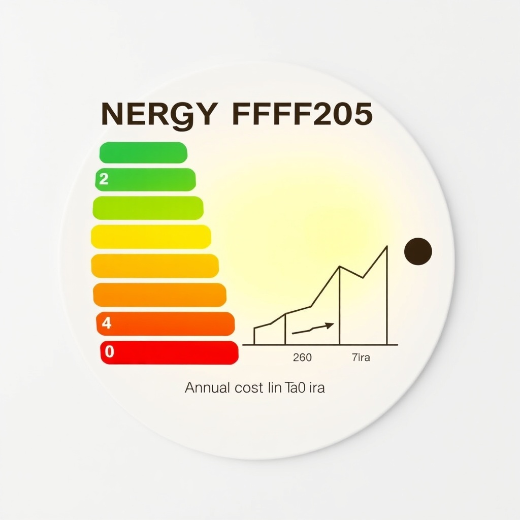 A photorealistic illustration of an energy efficiency label showing Genie 2055 power consu