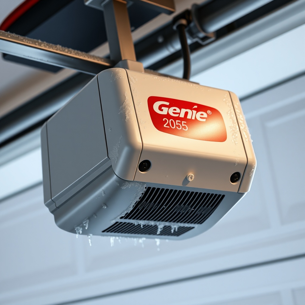 A close-up photo of a Genie 2055 garage door opener motor unit with ice crystals forming o