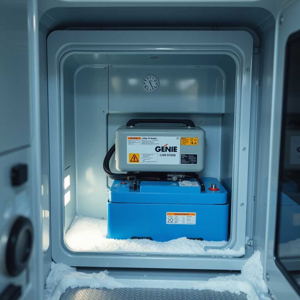 <clean photorealistic photo of a Genie 2055 battery compartment with a lithium-ion pack be